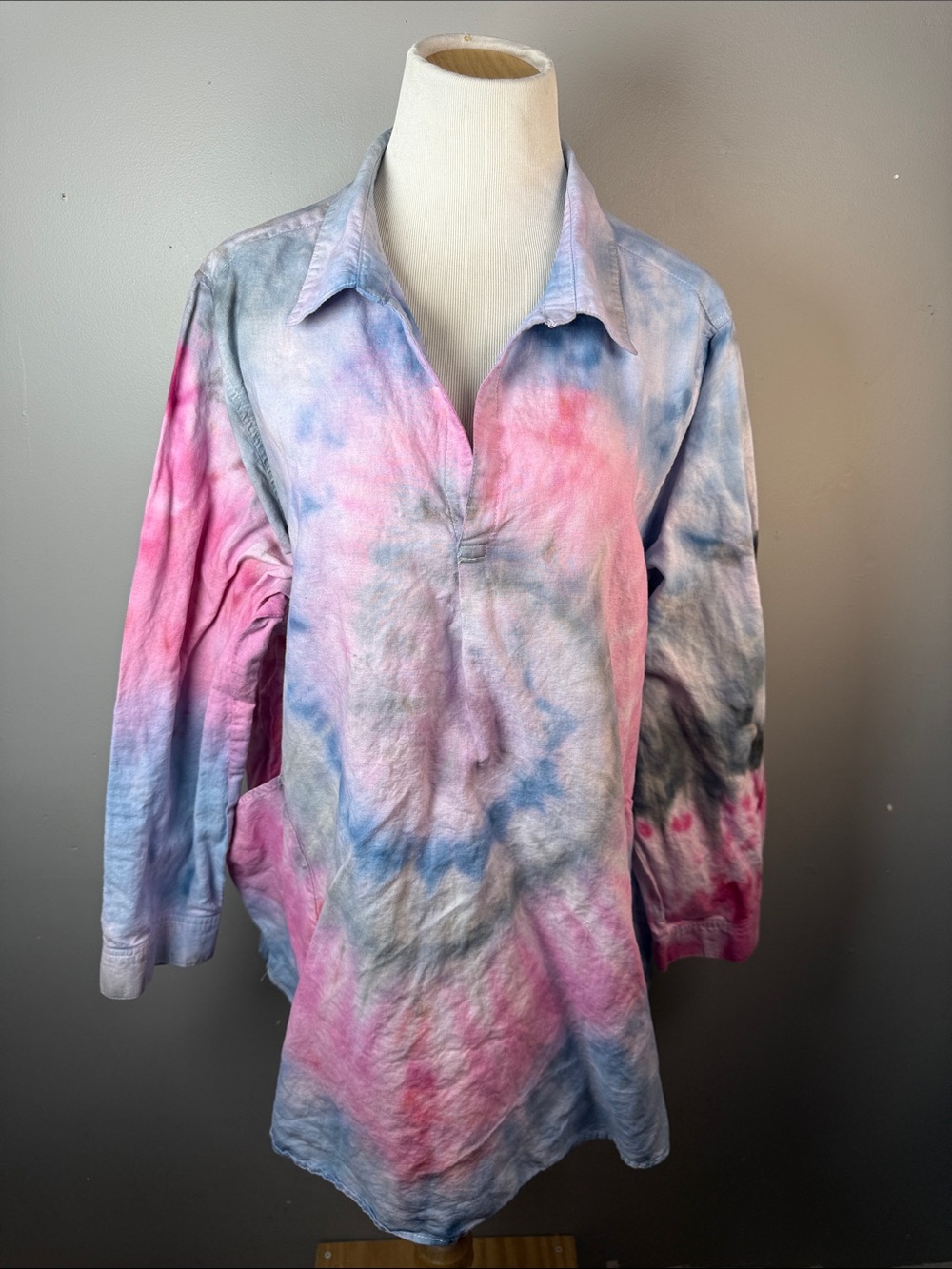 Tie-Dye Long Sleeve Polo Tunic — Pink & Blue